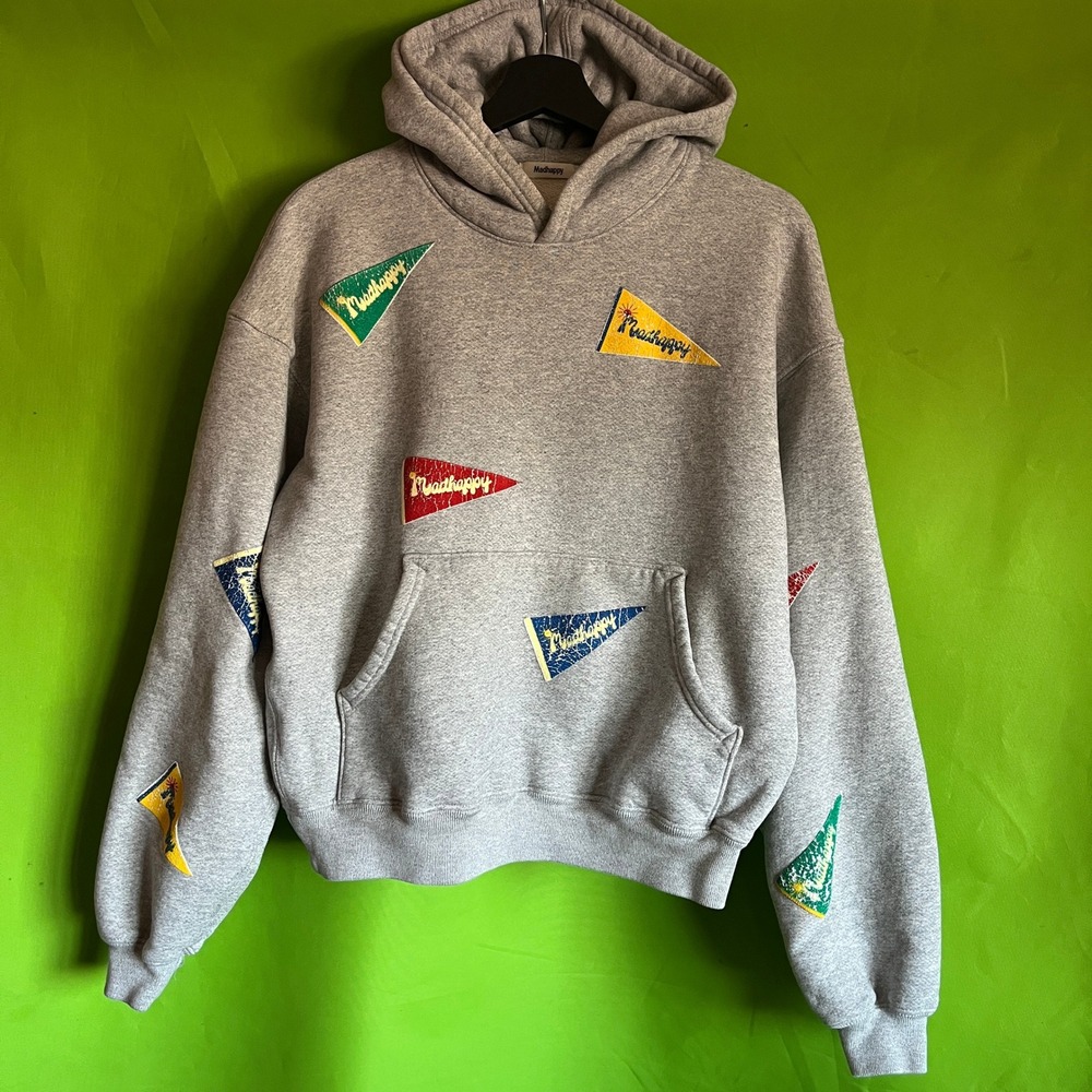 Madhappy Pennant Flag Pullover Hoodie Heather Grey Fleece Sweatshirt XS